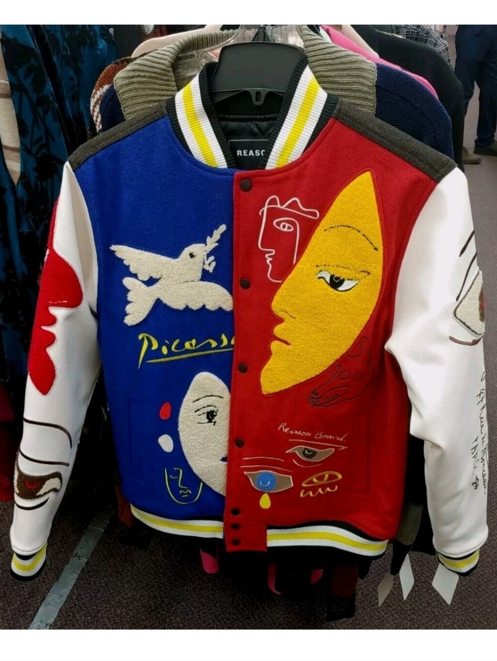 Picasso-Inspired Varsity Jacket with Bold Blue & Red Panels